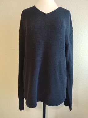 Ermenegildo Zegna Men’s V-Neck Navy Blue 100% Cotton Sweater Italy Loose Knit L